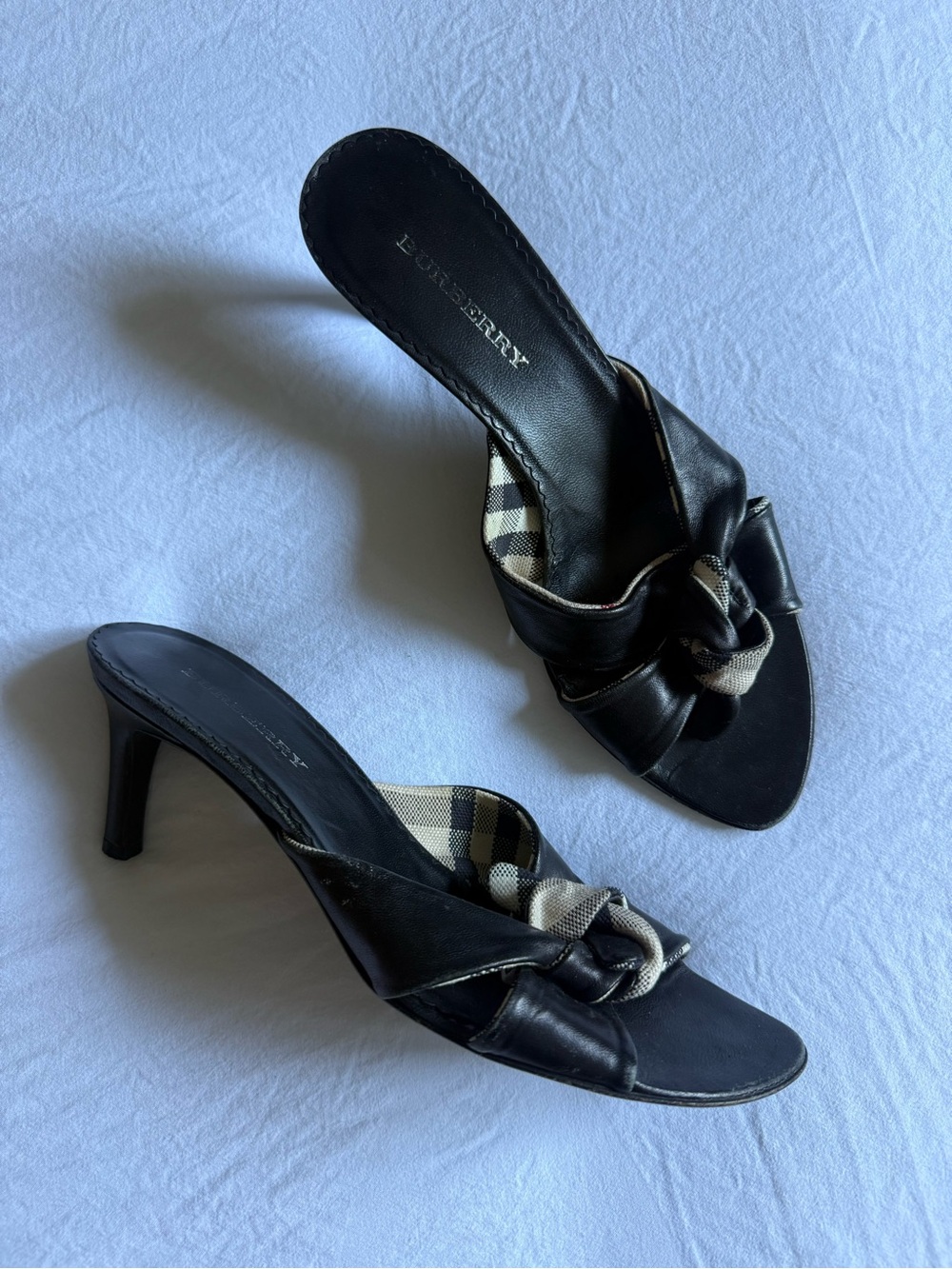 Vintage Burberry Black Leather Knot Mules on the kitten/mid heel